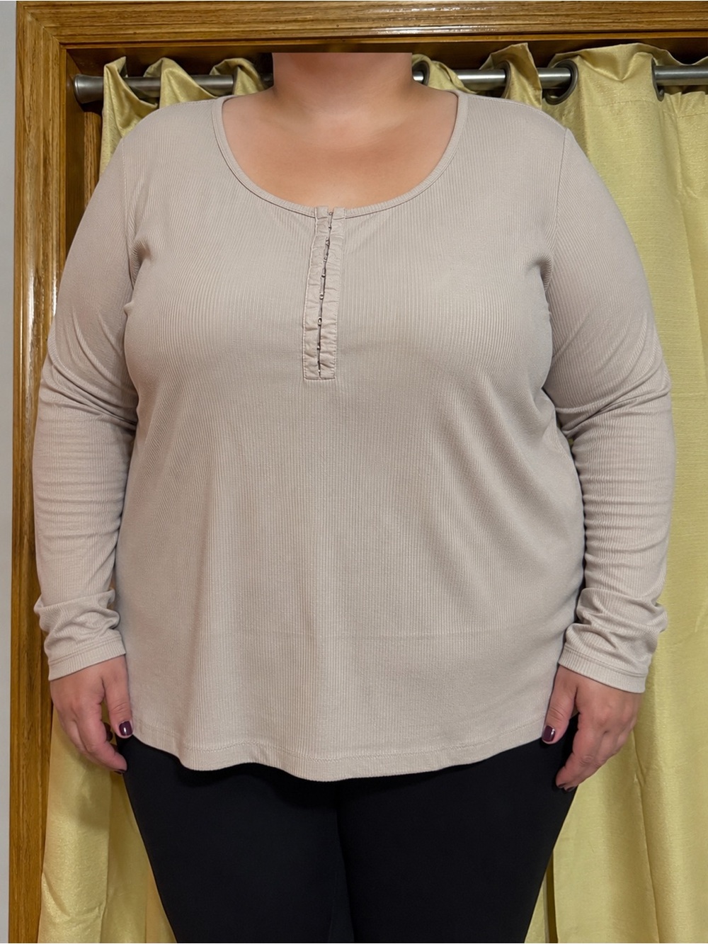 torrid Ribbed Henley Long Sleeve Top in Light Taupe